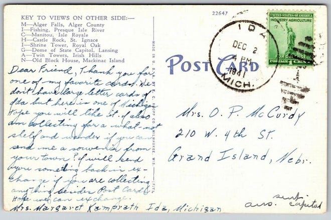 The back of the postcard is shown. The card was postmarked Dec. 2, 1941, in Ida and has a 1 cent stamp.
(Photo: PROVIDED BY SALLY KAMPRATH)