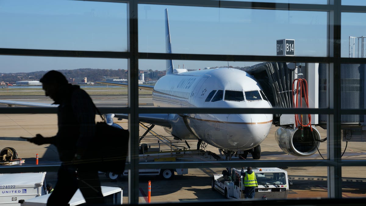 A United Airlines plane sits at a gate at Ronald Reagan Washington National Airport in Arlington, Va., Wednesday, Nov. 23, 2022.
