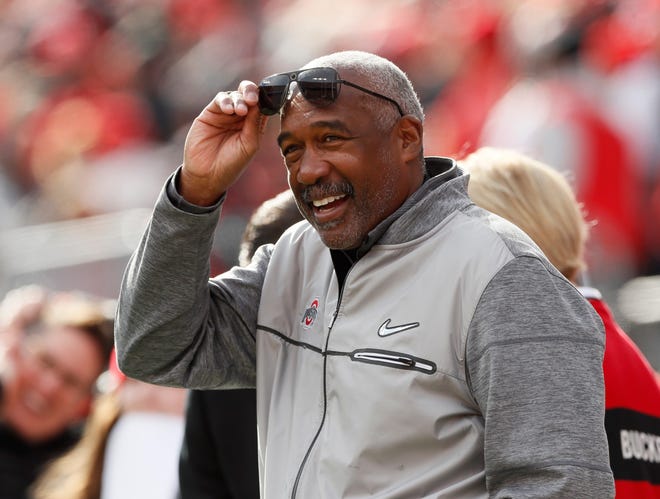 Ohio State athletics director Gene Smith smiles during the first quarter of the NCAA football game against the Michigan State Spartans at Ohio Stadium in Columbus on Saturday, Nov. 20, 2021.

Smith 1