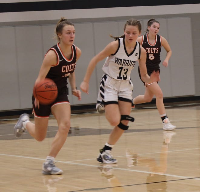 Meadowbrook junior Karly Launder (3) dribbles past Carrollton's Kylie Ujcich (13) during Wednesday's non-league game at Carrollton High School.