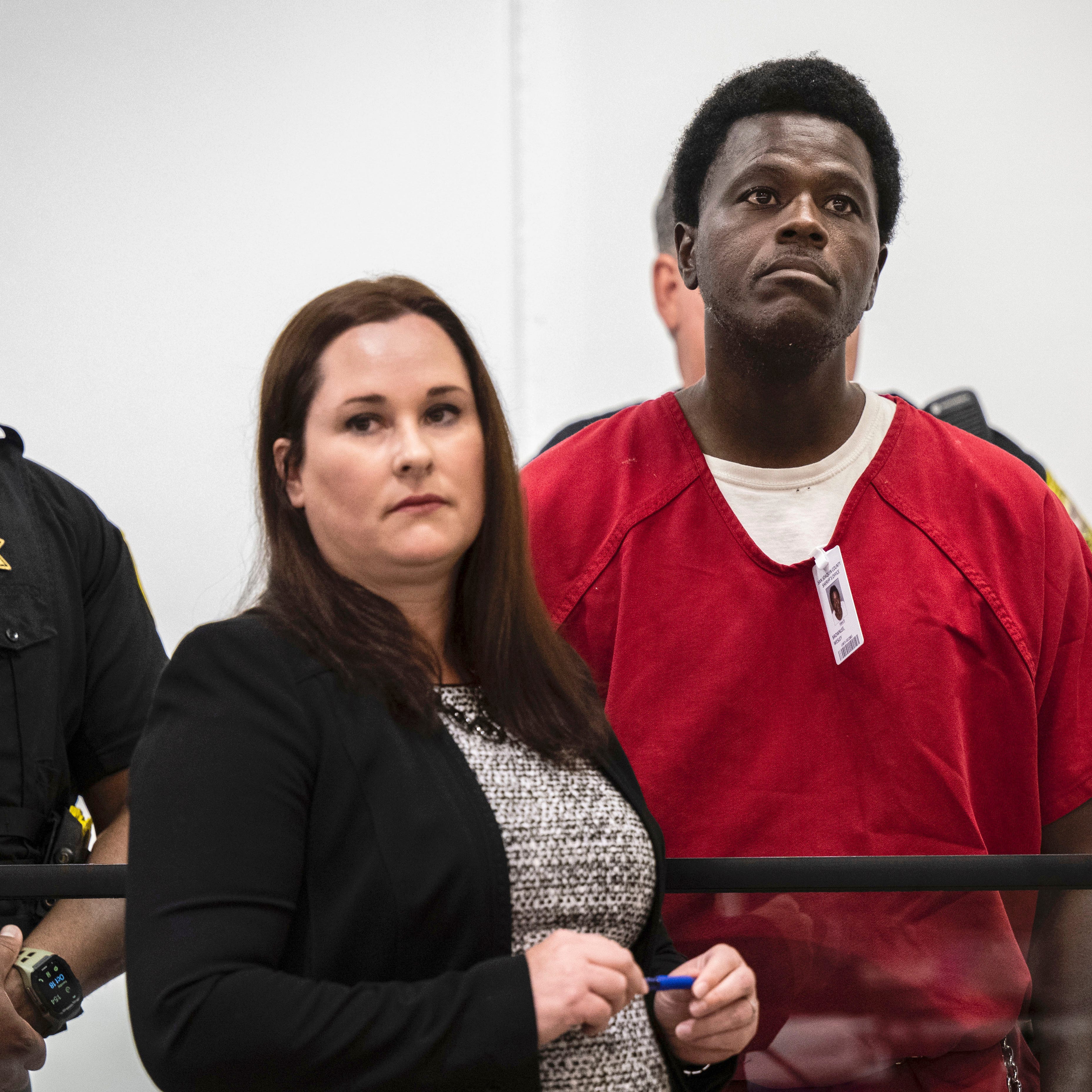 Wesley Brownlee stands with public defender Allison Nobert during his arraignment in San Joaquin County Superior Court. Brownlee has been charged in four additional slayings this week, bringing his total to seven deaths in Northern California since April 2021, authorities said.