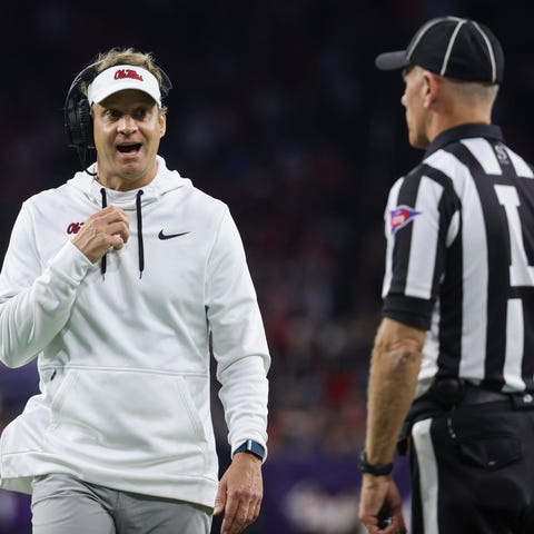 Mississippi Rebels coach Lane Kiffin reacts with a