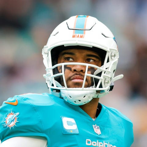 Miami Dolphins quarterback Tua Tagovailoa looks on