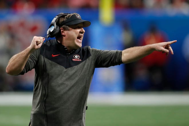 Georgia coach Kirby Smart reacts during the first half of the Chick-fil-A Peach Bowl NCAA College Football Playoff semifinal game on Saturday, Dec 31, 2022, in Atlanta.