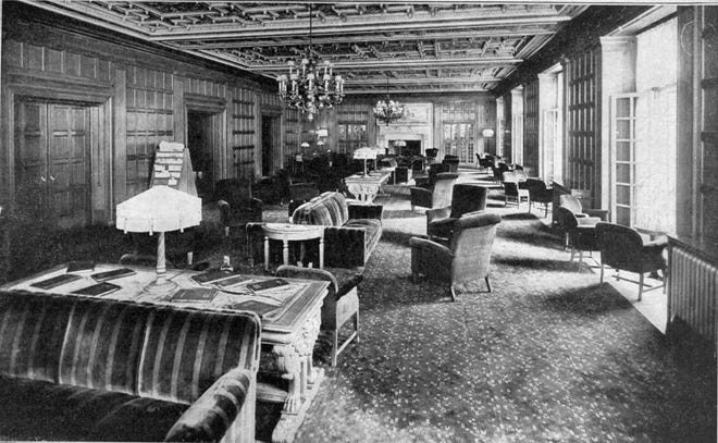 The Athletic Club of Columbus was founded in 1912 and opened at 136 E. Broad St. on Jan. 19, 1916. Pictured is the lounge. The 6-story brick clubhouse was designed in the style of Spanish Renaissance Revival with Italian influences. It was designed by Richards, McCarty & Bulford, with Frank L. Packard as advisory architect. The clu, which was listed on the National Register of Historic Places in 2012, always has been for members only. In 1978, the club welcomed its first Black member, Charles Walker, and in 1989, its first female member, Lillian C. Baker.