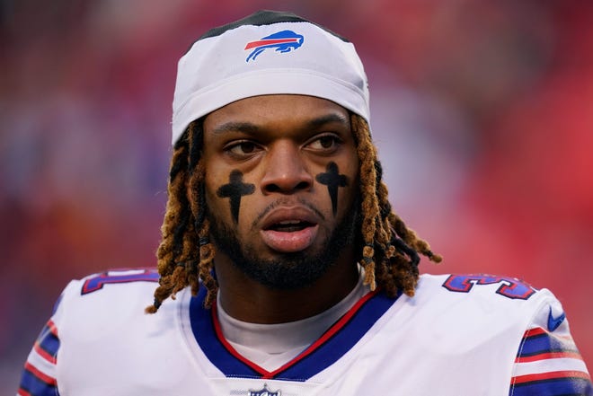 Buffalo Bills safety Damar Hamlin (31) walks on the field before an NFL divisional round playoff football game against the Kansas City Chiefs, Sunday, Jan. 23, 2022, in Kansas City, Mo. 