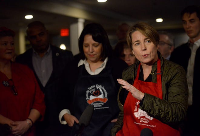 Gov. Maura Healey and Lt. Gov. Kim Driscoll spoke with the media on Jan. 3, 2023 during a visit to the Family Table Collaborative in South Yarmouth. Healey is proposing tax credits for septic system upgrades or replacement be doubled.
