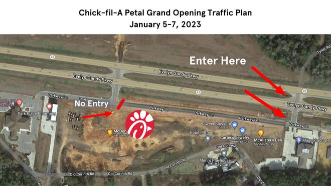 Chick-fil-A officials want opening weekend to be a positive experience for everyone. Access to the service road off Evelyn Gandy Parkway is limited to the entrance near Magnolia State Bank. No entry will be allowed from the service road near McDonald's.