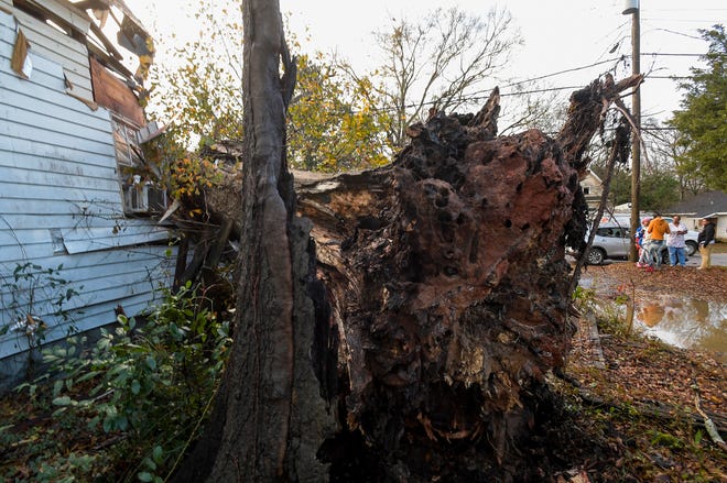 Tara Williams’ family looks on after a large tree fell on a home on Michigan Avenue in north Montgomery, Ala., during an overnight storm on Wednesday January 4, 2023.