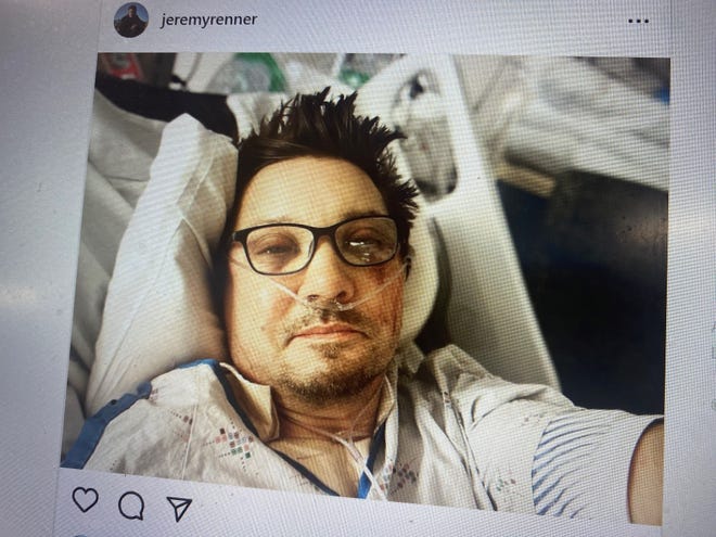 A photo taken from the selfie from Instagram that actor Jeremy Renner posted on Tuesday, Jan. 3 from his hospital bed in Reno.   Renner was seriously injured when he got out of a snow cat and it rolled over him.