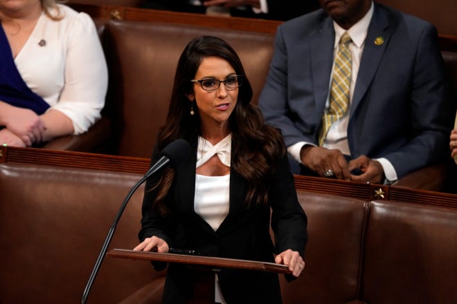 Rep. Lauren Boebert, R-Colo., nominates Rep. Byron Donalds, R-Fla., in the House chamber for the fifth ballot as the House meets for a second day to elect a speaker.