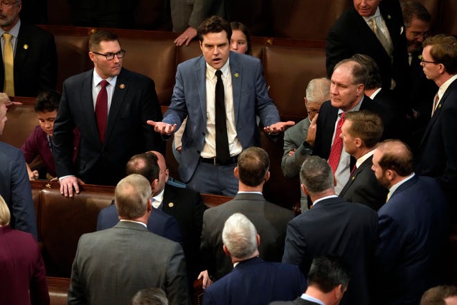 January 4, 2022: Rep Matt Gaetz, R-Fla., talks with colleagues in the House chamber. The House of Representatives reconvened trying to elect a Speaker of the House as the 118th session of Congress begins. Gaetz nominated Kevin McCarthy, R-Calif., but failed to get the 218 votes needed to be elected Speaker. Republicans take over the U.S. House of Representatives with a slim majority and Democrats maintain a majority in the U.S. Senate.