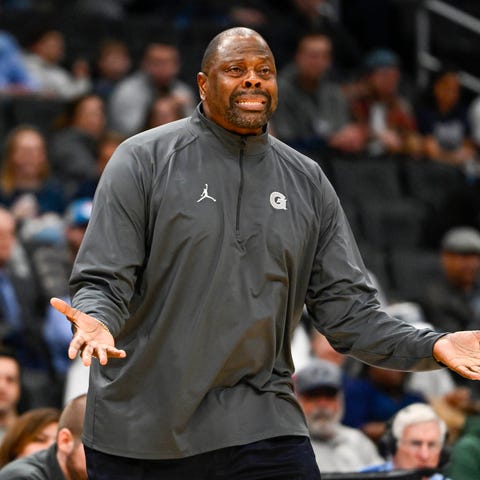 Georgetown head coach Patrick Ewing looks on durin