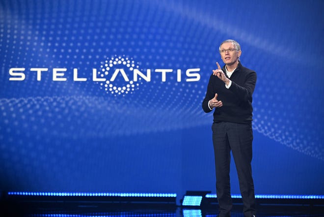 Stellantis CEO Carlos Tavares speaks during a keynote address at the Consumer Electronics Show (CES) in Las Vegas, on Jan. 5, 2023.