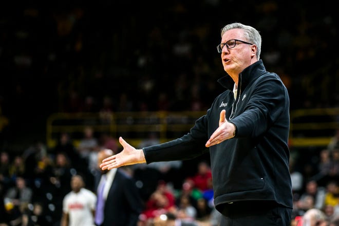 Iowa coach Fran McCaffery reacts during Thursday's men's basketball game against Indiana at Carver-Hawkeye Arena in Iowa City.  McCaffery and the Hawkeyes are beating the Hoosiers and will be looking for their second Big Ten Conference win on Sunday at Rutgers.