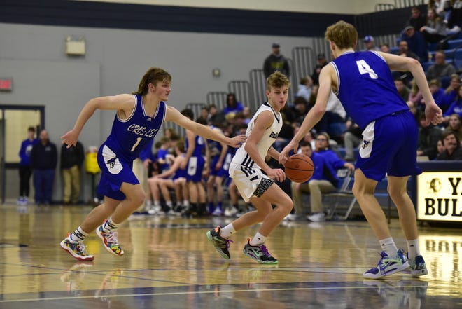 Yale's Jackson Kohler dribbles the ball during a game earlier this season. He scored a team-high 14 points in the Bulldogs' 58-47 win over Almont on Tuesday.