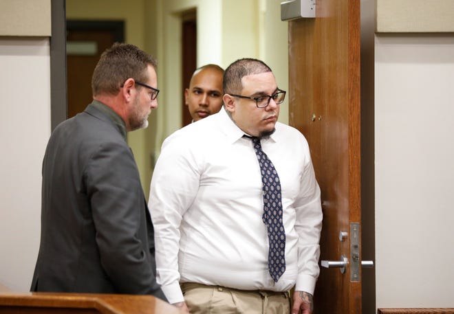 Luis Perez, 27, enters the courtroom for a sentencing hearing for the 2018 murders of Steven Marler, Aaron "Joshua" Hampton, and Sabrina Starr and assault of two others. Perez was sentenced to five consecutive life sentences.