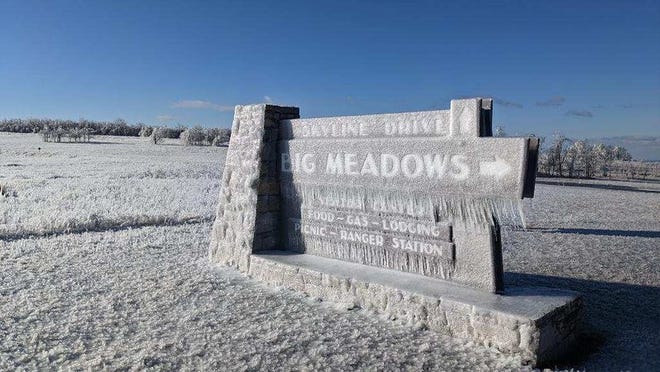 Skyline Drive/Big Meadows sign after the December 2022 storms in Shenandoah National Park, Va.