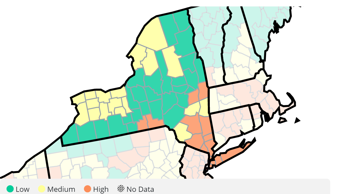 COVID-19 county level risk levels according to Centers for Disease Control and Prevention metrics for cases and hospital strain.