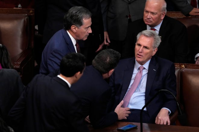 Rep. Kevin McCarthy (D-Calif.) is seen on the House floor as the House of Representatives reconvenes on Friday, Jan. 6, 2023.