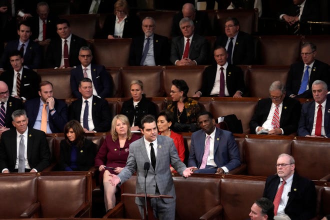 Rep. Matt Gaetz (R-Fla.) speaks on the House floor on Friday Jan. 6, 2023.