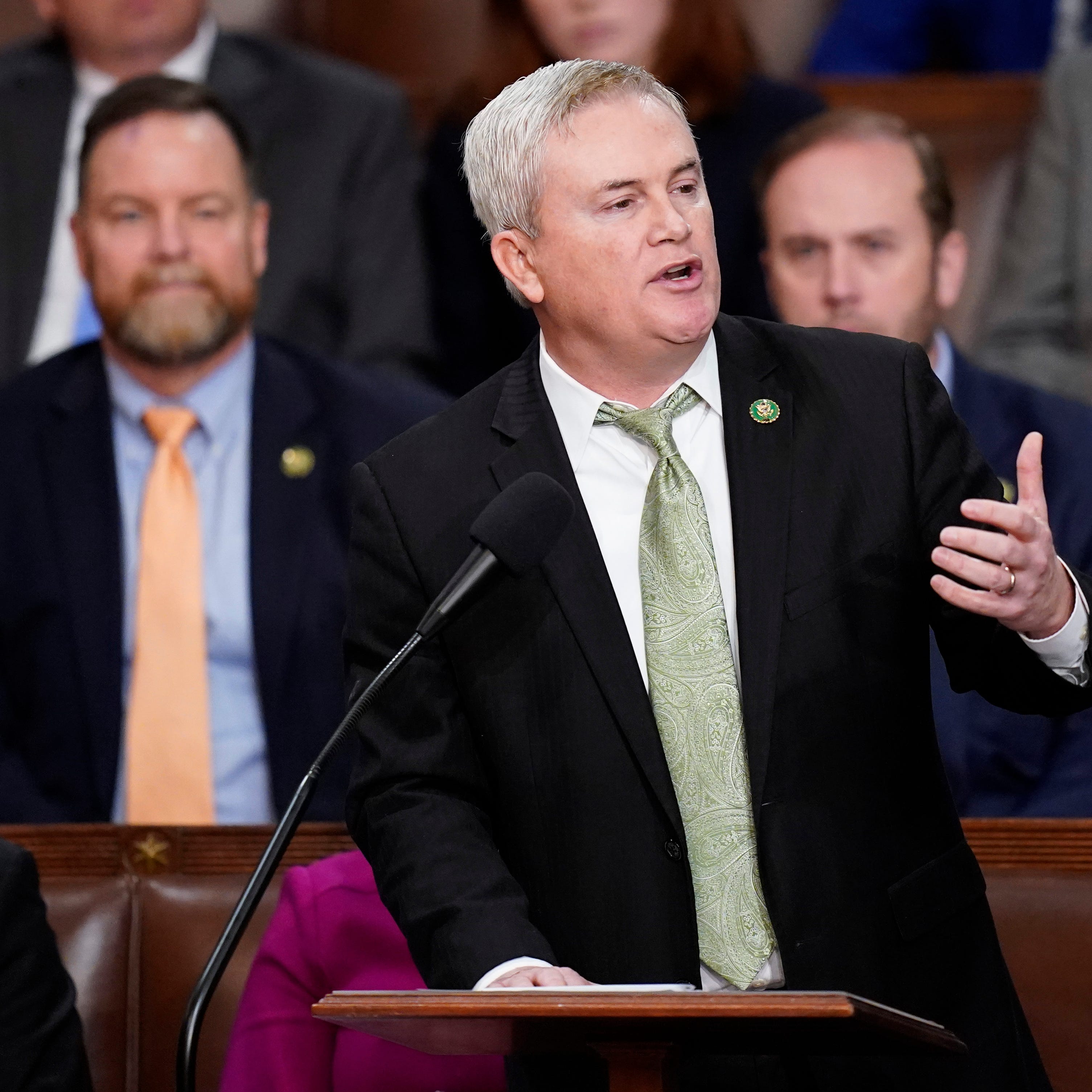 Rep. James Comer, R-Ky., nominates Rep. Kevin McCarthy, R-Calif., for a 13th round of voting in the House chamber as the House meets for the fourth day to elect a speaker and convene the 118th Congress in Washington Friday, Jan. 6, 2023.