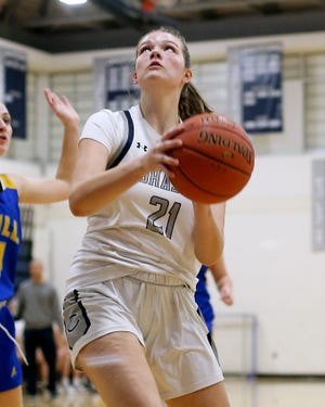 Cohasset's Emma Goff looks for an open shot to give Cohasset the 20-10 lead over Hull during second quarter action of their game against Hull at Cohasset High on Friday, Jan.  6, 2023. 