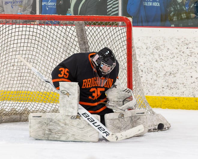 Brighton goalie Levi Pennala made 34 saves in a 6-0 loss to Houghton.