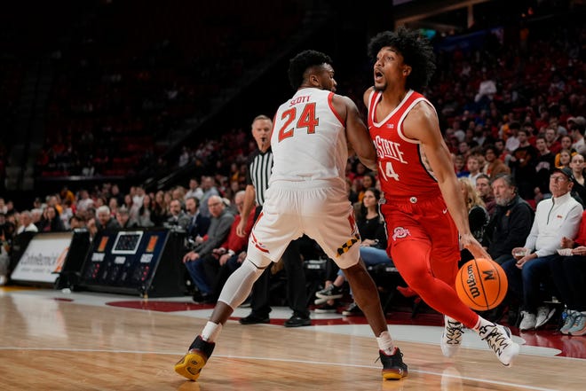 Ohio State forward Justice Sueing drives past Maryland's Donta Scott.