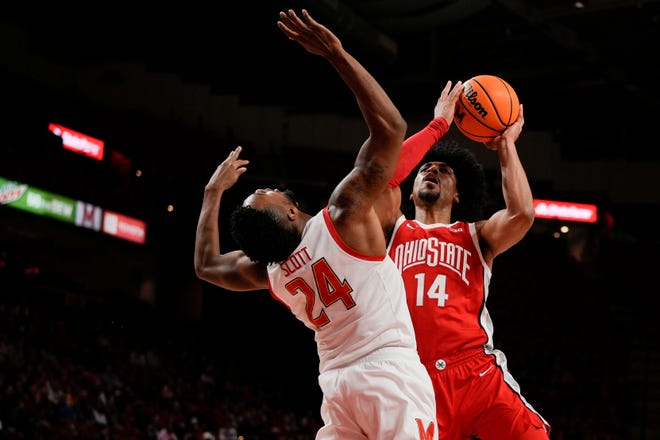 Ohio State forward Justice Sueing drives against Maryland's Donta Scott.