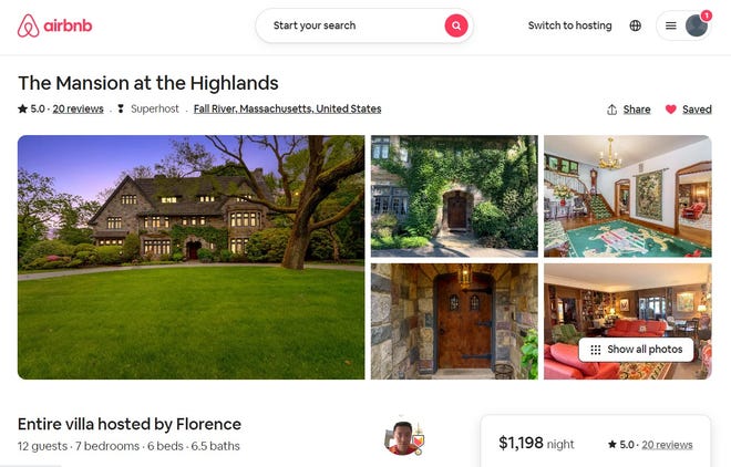 A screenshot of the Airbnb page for 503 Highland Ave. in Fall River, being marketed as "The Mansion at the Highlands."