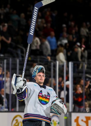 Coachella Valley goaltender Joey Daccord (35) is honored as one of the stars of the game after a 39 shot shutout against San Jose at Acrisure Arena in Palm Desert, Calif., Saturday, Jan. 7, 2023.
(Photo: Andy Abeyta/The Desert Sun)