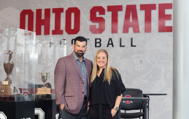 Ohio State University football coach Ryan Day and his wife, Nina, at the Woody Hayes Athletic Center