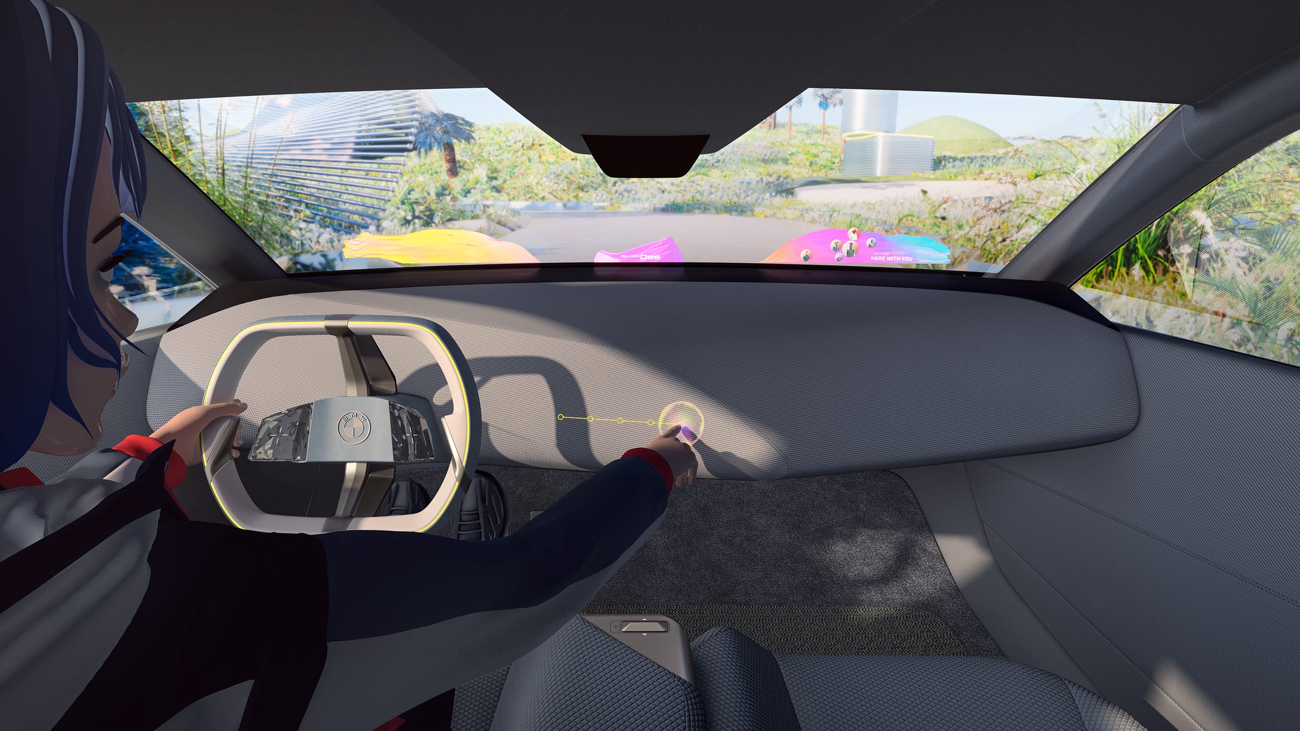 BMW's i Vision Dee concept imagines a virtual world displayed on the windshield and windows with its five-step mixed reality slider.