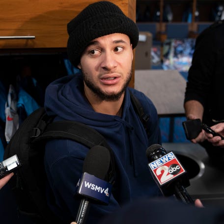 Tennessee Titans cornerback Caleb Farley responds to questions from the media as he and teammates clean out their lockers at Saint Thomas Sports Park Monday, Jan. 9, 2023, in Nashville, Tenn. The Tennessee Titans finished the 2022 season with 7 wins and 10 losses, missing the playoffs. 