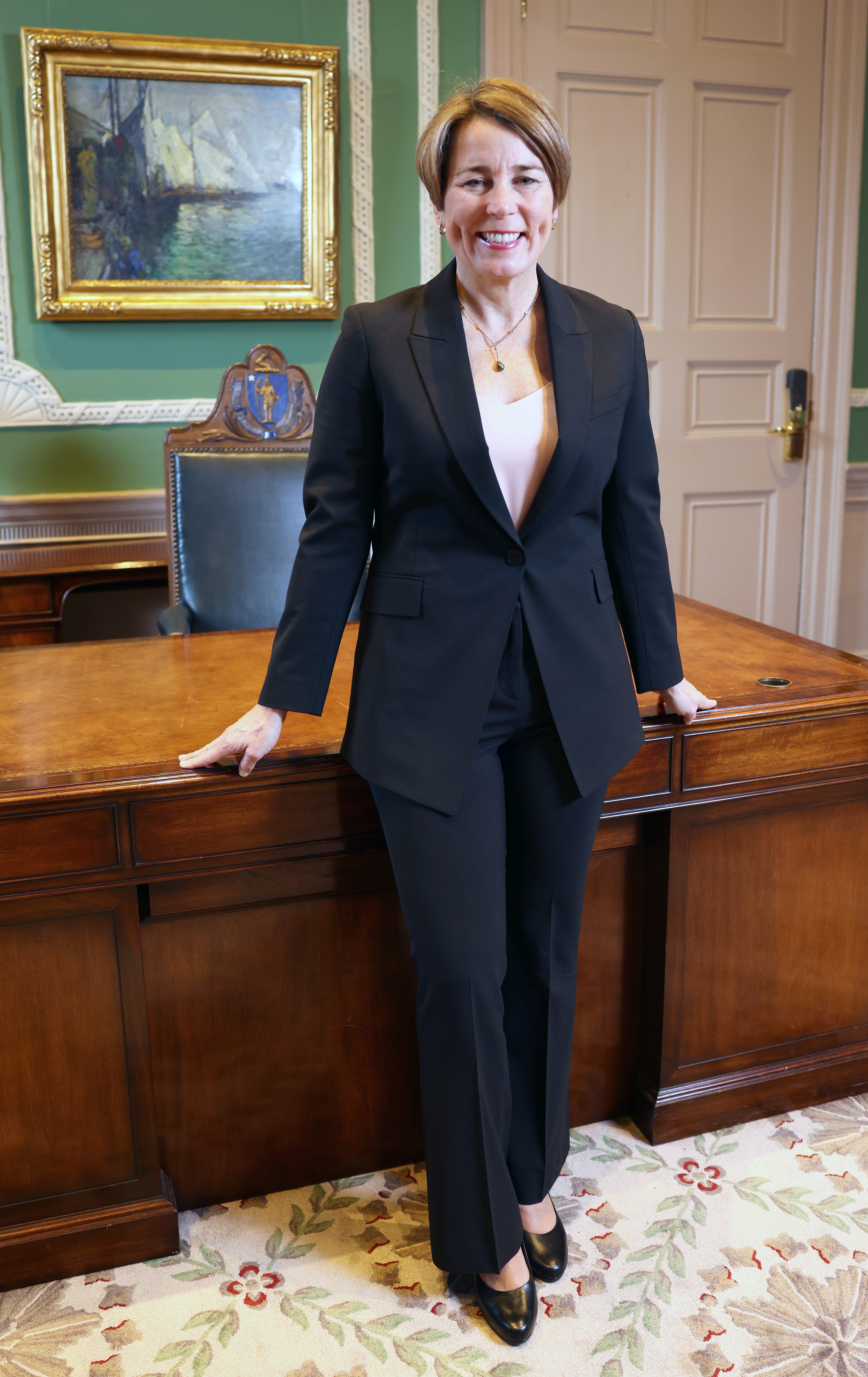 Massachusetts Governor Maura Healey in her corner office at the State House on  Monday, Jan. 9, 2023.   