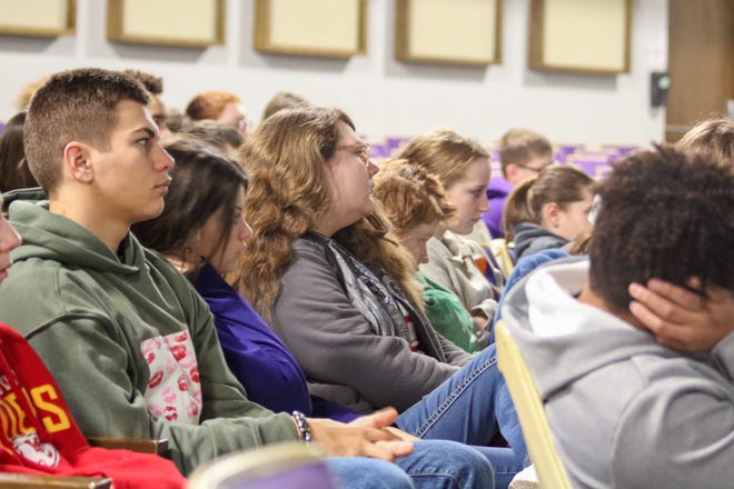 Southeast of Saline eighth graders listen to a presentation from the Tammy Walker Cancer Center Jan. 10.