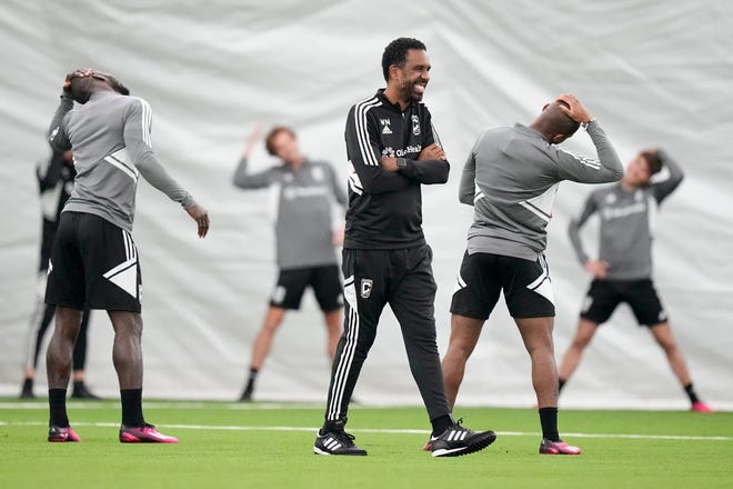 Jan 11, 2023; Columbus, Ohio, USA;  Columbus Crew head coach Wilfried Nancy leads his team during training at the OhioHealth Performance Center. Mandatory Credit: Adam Cairns-The Columbus Dispatch