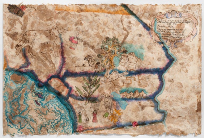 Sandy Rodriguez, winner of the 2023 Hermitage Greenfield Prize in visual art, creates painted maps that capture the history and culture of a place, like her piece