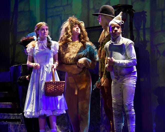 Julien Little plays Dorothy, Jaden Doggett is the Cowardly Lion, Christian Halliburton the Scarecrow and Micah Mallet the Tin Man in this year's production of "The Wizard of Oz: Youth Edition," seen during rehearsal Tuesday at the Paramount Theatre.