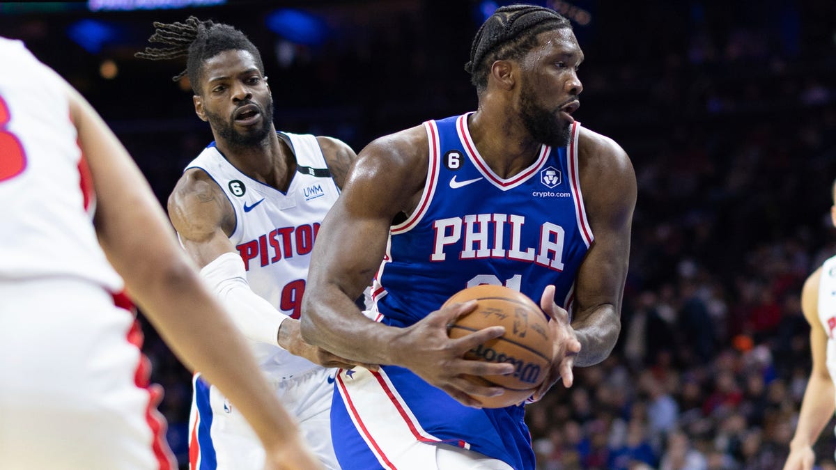 76ers center Joel Embiid drives past Pistons center Nerlens Noel during the second quarter of the 147-116 loss to the 76ers on Tuesday, Jan. 10, 2023, in Philadelphia.