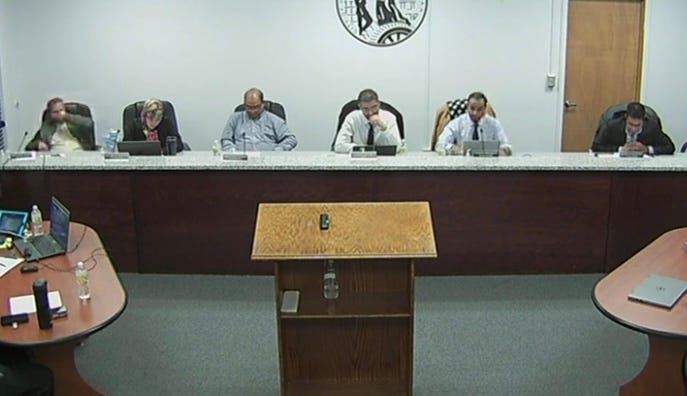 Hamtramck City Council on Jan. 10, 2023 voted to allow animal sacrifices for religious reasons. Left to right: Councilman Mohammed Alsomiri, who voted, No; Councilwoman Amanda Jaczkowski, who voted, Yes; Councilman and Mayor Pro Tem Mohammed Hassan, who voted, Yes; Mayor Amer Ghalib, who voted, Yes; Councilman Nayeem Choudhury, who voted, Yes; Councilman Muhith Mahmood, who voted, No. Councilman Khalil Refai was not present. Still image from livestream of meeting.