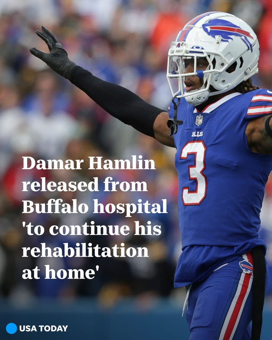 Buffalo Bills safety Damar Hamlin has completed what doctors called a "remarkable recovery" and was released from the hospital on Wednesday. He went into cardiac arrest and needed to be resuscitated on the field during a game on Jan. 2.
