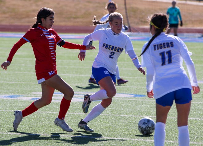 Frenship's Aras King handles the ball against Monterey during a Lubbock Kickoff Classic girls soccer game at Lowrey Field at PlainsCapital Park on Thursday, January 12, 2023.