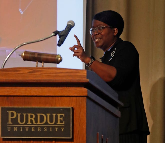2022 Indiana Teach of the year delivers a keynote speech during the Indiana STEM Education Conference, Thursday, Jan. 12, 2023, at Purdue Memorial Union in West Lafayette, Ind. 