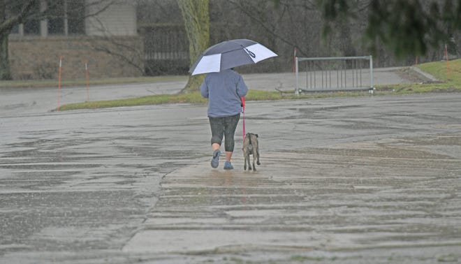 Thursday's damp conditions didn't discourage some humans and canines from stretching their legs and getting some exercise as the rains fell. The National Weather Service forecast for Monday's Martin Luther King, Jr. holiday called for a 40% chance of rain, mostly after 1 p.m., with a high near 44.