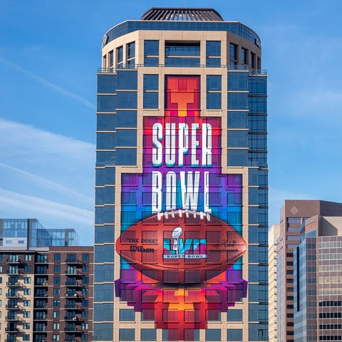 A Super Bowl LVII advertisement is posted on the B