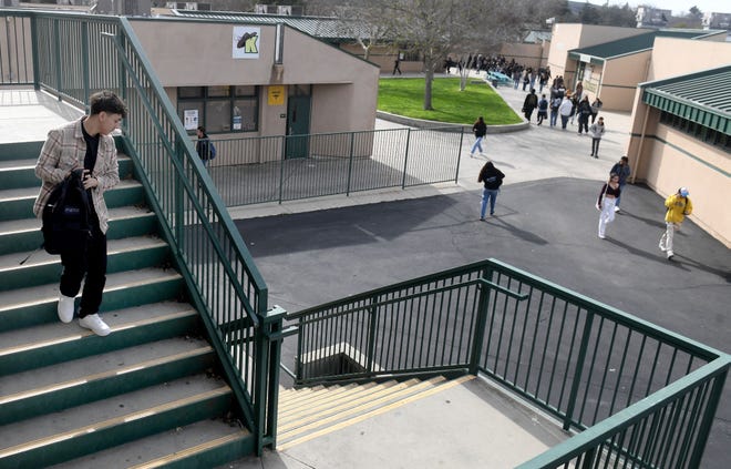 Rene Valencia, 17, walks down from the Moorpark High School Wellness Center to attend his next class on Thursday, Jan. 12, 2023.