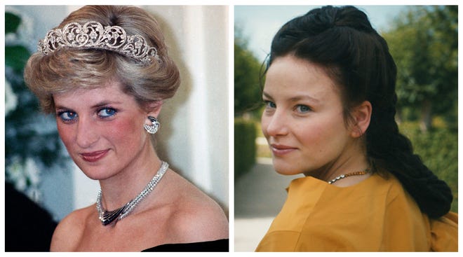 Diana, Princess of Wales, left, pictured in 1987; and Empress Elisabeth of Austria (Devrim Lingnau) in a scene from Netflix's "The Empress."