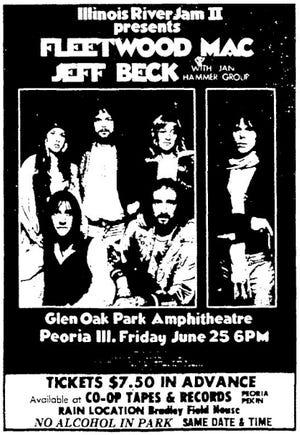 Anúncio no Journal Star para o show Fleetwood Mac/Jeff Beck no Glen Oak Park Amphitheatre em 1976.